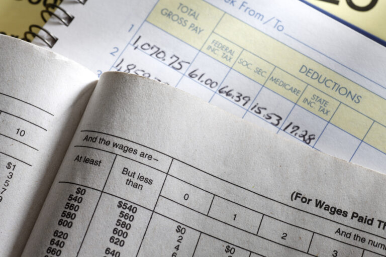 A calculator sitting on a payroll ledger