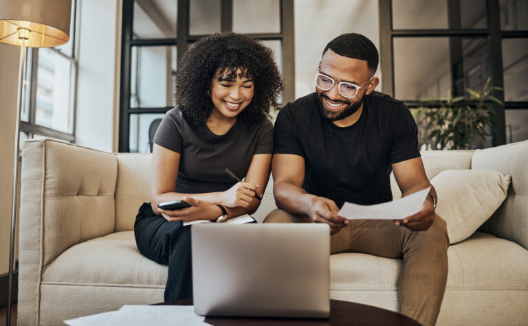 Planning, finance and couple with paper and laptop for budget, insurance and savings