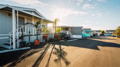 Mobile home park. A row of residential mobile park homes in a small town somewhere in California.