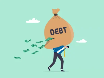Illustration of man holding scale that's weighing debt to income ratio